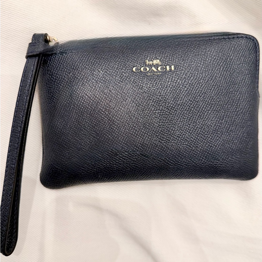 Coach Navy Blue Pebbled Calfskin Wristlet